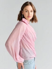 Enchnt Asymmetrical Neck Stereo Flowers Ruched Lantern Sleeve Blouse - Pink - View 7