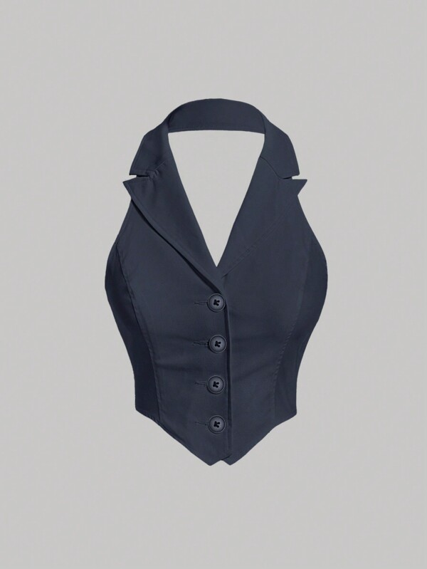 SHEIN MOD Button Front Backless Halter Dark Blue Suit Lapel Goldfish Pendant Top