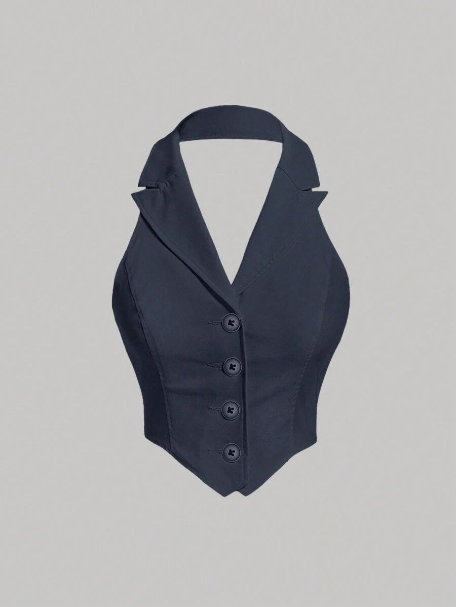 SHEIN MOD Button Front Backless Halter Dark Blue Suit Lapel Goldfish Pendant Top - Navy Blue - View 1