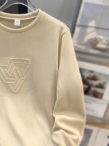 SHEIN Leap Crew Tween Boy Casual Loose Comfortable Versatile Solid Color Embossed Pattern Crew Neck Sweatshirt, Suitable For School And Outdoor Sports - Khaki - View 3