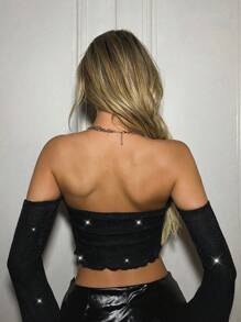 SHEIN ICON Áo dệt kim dáng ôm, lấp lánh có cà vạt phía trước có thể điều chỉnh và viền xẻ cho nữ - màu đen - Xem 2