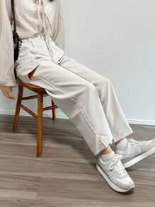 FRIFUL Quần dài màu trơn có túi cho nữ - Màu be - Xem 1