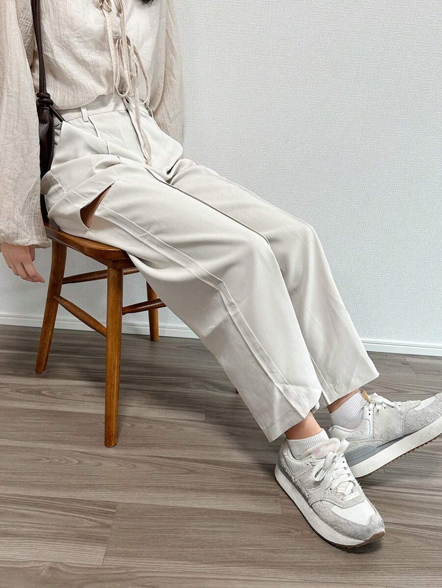 FRIFUL Quần dài màu trơn có túi cho nữ - Màu be - Xem 1