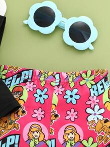 SCOOBY-DOO X SHEIN 女婴酷炫黑色休闲圆领T恤和粉色卡通印花喇叭裤套装 - 彩色 - 查看 7