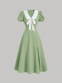 SHEIN MOD 褶皺紋理彼得潘領彩色高衩中長禮服，配蝴蝶結裝飾，適用於夏季 - 綠色 - 查看 1