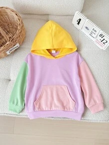 SHEIN 年輕女孩針織拼色連帽寬鬆休閒毛衣，附有大口袋 - 彩色 - 查看 8