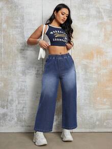 女式復古風格彈性腰寬鬆直筒牛仔七分褲 - 藍色 - 查看 5