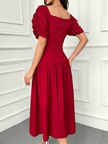 Modelyn Weinrote Damen Einfarbiges einfaches Alltagskleid im Arabeskenstil mit 3D Blumendekoration