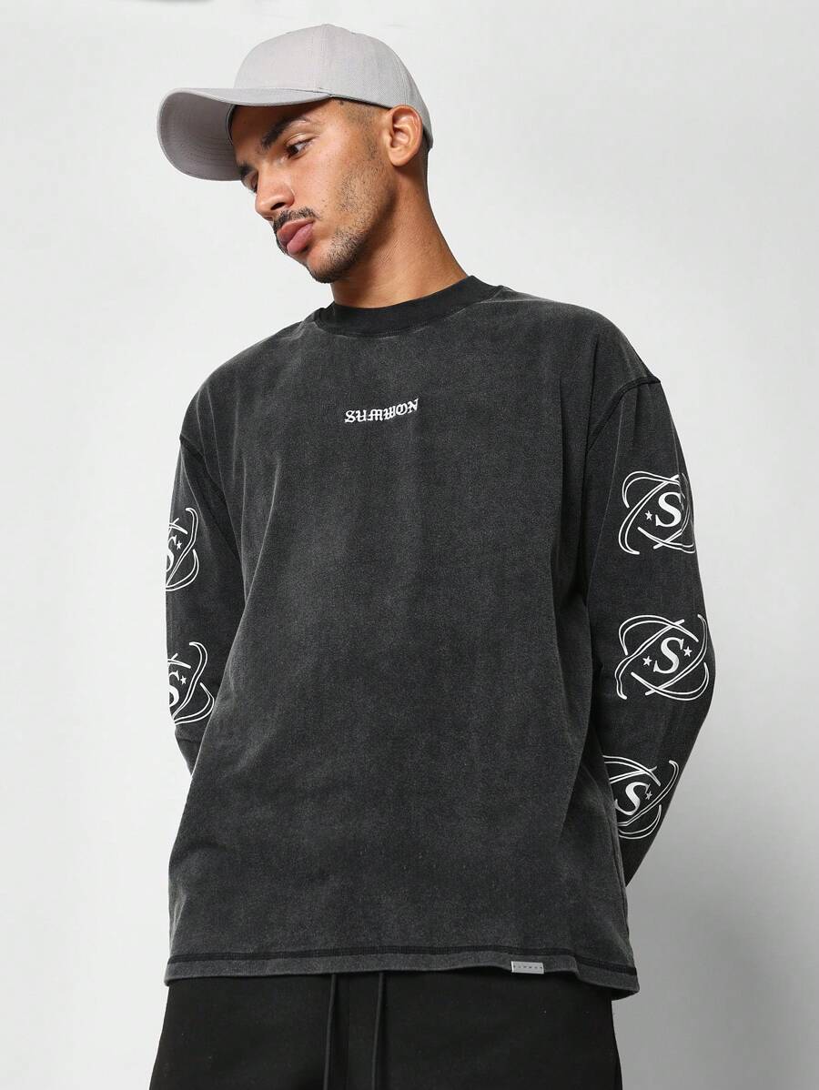 SUMWON Áo sơ mi Regular Fit đã giặt có in họa tiết ở tay - màu đen - Xem 1