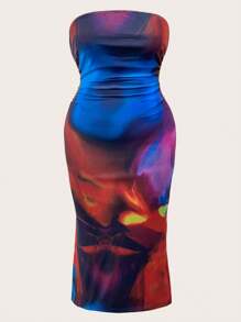 Flirla Mesh Printed Plus Size Bodycon Bandeau Dress - Multicolor - View 1