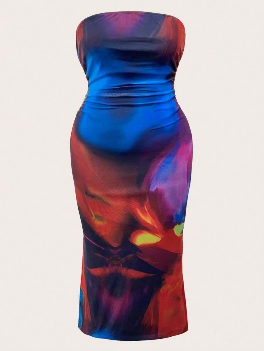 Flirla Mesh Printed Plus Size Bodycon Bandeau Dress - Multicolor - View 1