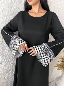 Al Najma 女士圆领格子印花优雅长袖阿拉伯朴素连衣裙 - 黑色 - 查看 7