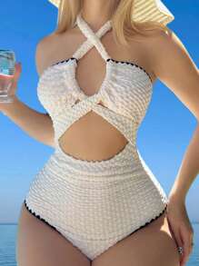 Swim Mod Contrast Binding Cut Out Halter Summer Beach One Piece Swimsuit - White - View 4