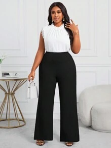 SHEIN Lady Plus Size Elegant Casual And Commuting Black Pants Made Of Mechanism Fabric, For Sports And Yoga Black Sweatpants Fall Outfits Dress Pants