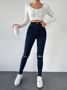 EURMUSE Zipper Fly Front Flare Leg Jeans - Navy Blue - View 3