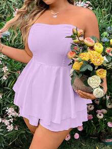 Flirla Plus Size Solid Color Strapless Jumpsuit For Summer Vacation - Purple - View 7