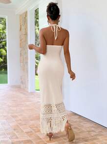 SHEIN Essnce 女款露背無袖優雅的空心花邊裝飾連身裙，柔軟優雅休閒 - 杏色 - 查看 2