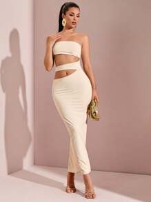 SHEIN BAE Đầm băng quấn không dây màu trơn gợi cảm, Xuân/Hè, Hoàn hảo cho những bữa tiệc độc thân, hẹn hò đêm và đi chơi đêm của các cô gái - Màu be - Xem 4