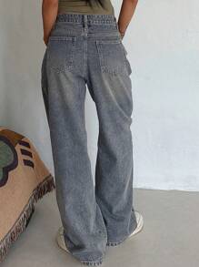 DAZY 女式寬鬆直腿休閒牛仔褲，附口袋 - 中等水洗藍 - 查看 5