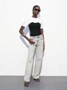 Maija Áo thun nữ tay ngắn cổ tròn bo gấu màu tương phản đen trắng thiết kế thời trang giản dị, phong cách, phù hợp mặc hàng ngày - màu đen - Xem 2