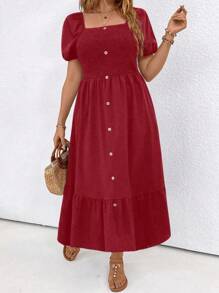 SHEIN LUNE Plus Size Women's Solid Color Simple Daily Wear Square Neck Short Sleeve Dress - Red - View 5