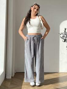 SHEIN EZwear Pantalones de pierna ancha largos, sueltos y de cintura alta en azul y blanco con finas rayas para mujer de talla grande, ideales para uso diario y vacaciones