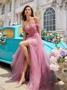 QOQ Fairy Sweet Solid Color Floral Decoration Off Shoulder Mesh High Slit Trailing Gown For Evening Party, Wedding Guests Party Dress Formal Dress Evening Dress - Pink - View 1