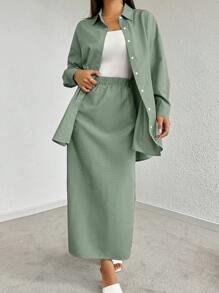 Mulvari Drop Shoulder Long Sleeve Shirt & Skirt 2 Pieces Set