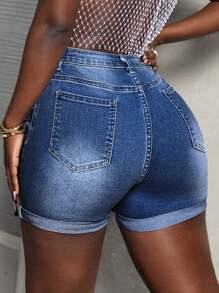 SHEIN Slayr Shorts casuais femininos de Denim com bainha dobrada e efeito desgastado