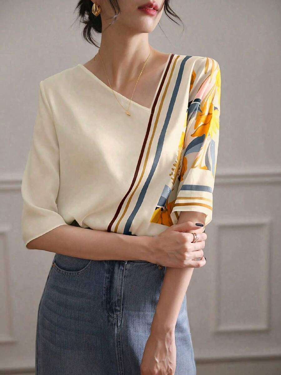 SHEIN Clasi 女士印花彩色休闲日常衬衫、七分袖上衣 - 杏色 - 查看 1