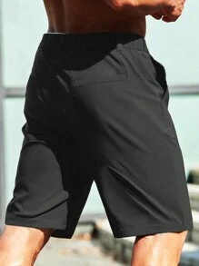 Manfinity Homme Men's Solid Color Casual Elastic Waist Shorts - Black - View 2