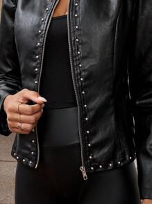 Editum Elegant Women's PU Round Neck Long Sleeve Studded Jacket In Fall/Winter - Black - View 7