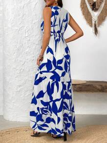 Breezaya Women's Vacation Plant Printed V-Neck Waist Pleated Sleeveless Long Casual Dress Maxi Vacation Beach Outfit - Multicolor - View 2