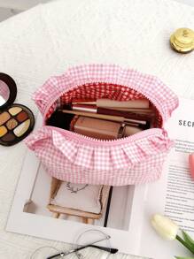 八角格纹化妆包，化妆工具收纳包，洗漱包，蝴蝶结图案化妆品整理洗漱包，荷叶边绗缝大容量化妆刷收纳包，送给女孩、女士、妈妈的礼物，蝴蝶结丝带洗漱包，荷叶边粉色格纹化妆包，手提化妆包，适合作为结婚礼物、伴娘礼物、生日礼物、圣诞礼物、朋友礼物 - 粉色 - 查看 2