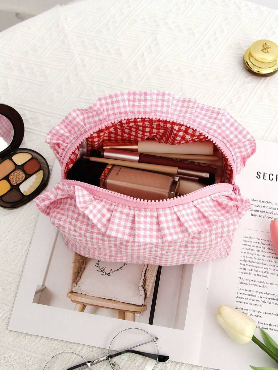 八角格纹化妆包，化妆工具收纳包，洗漱包，蝴蝶结图案化妆品整理洗漱包，荷叶边绗缝大容量化妆刷收纳包，送给女孩、女士、妈妈的礼物，蝴蝶结丝带洗漱包，荷叶边粉色格纹化妆包，手提化妆包，适合作为结婚礼物、伴娘礼物、生日礼物、圣诞礼物、朋友礼物