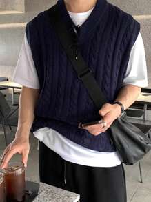 Claim Dot 男士纯色简约日常针织无袖麻花针织毛衣背心，适合秋冬返校季 - 藏蓝色 - 查看 5