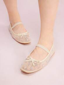 CUCCOO DOLLMOD 时尚女士鞋米色网眼和水钻芭蕾平底鞋,带蝴蝶结细节,适合夏季度假鞋夏季促销优雅平底鞋圣诞节秋季新年假期 - 杏色 - 查看 6