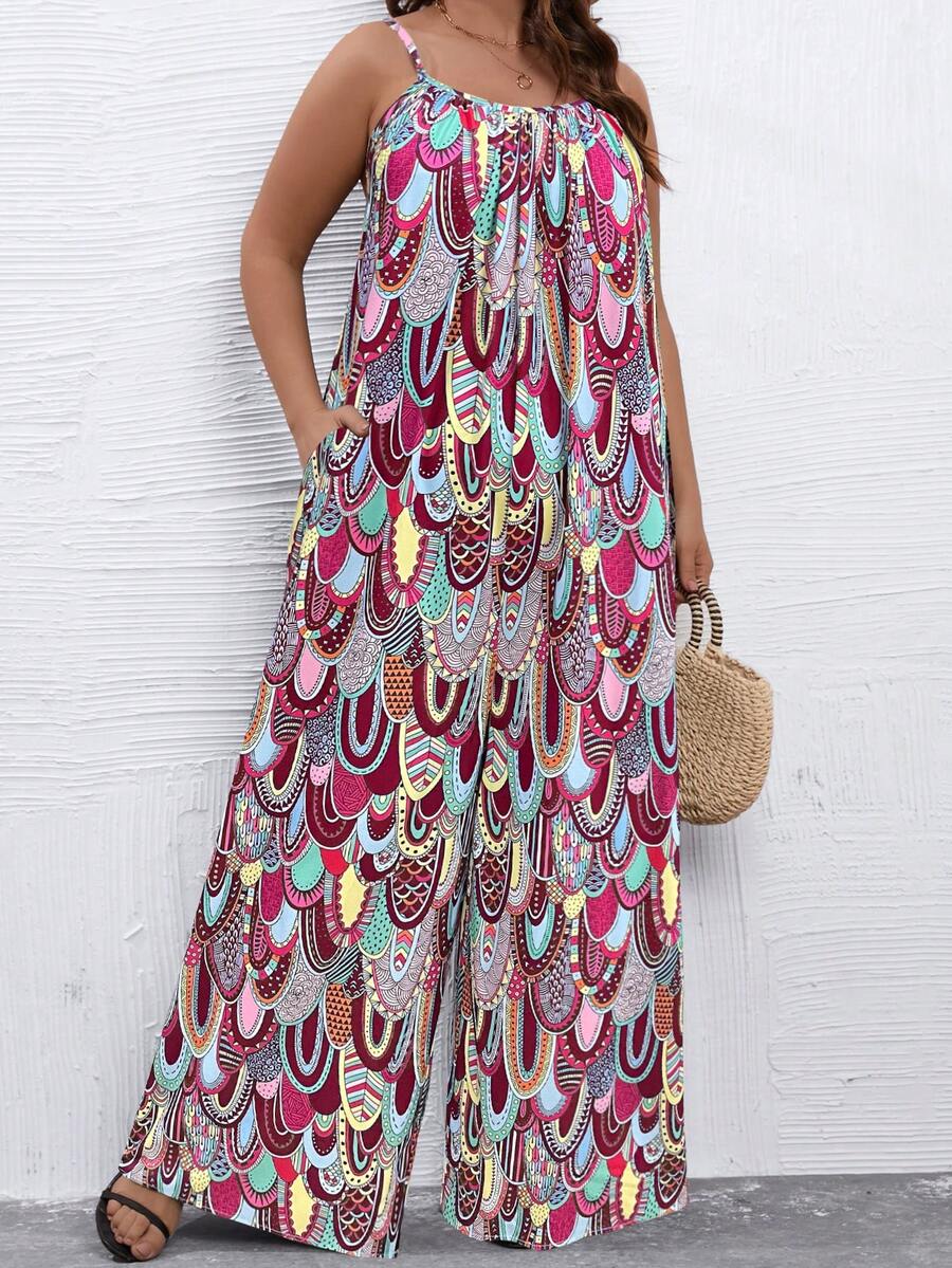 SHEIN Holidaya Plus全身印花寬腿背心連身褲 - 酒紅色 - 查看 1