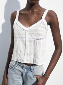 Maija 夏季休闲拼接蕾丝宽松吊带背心，白色