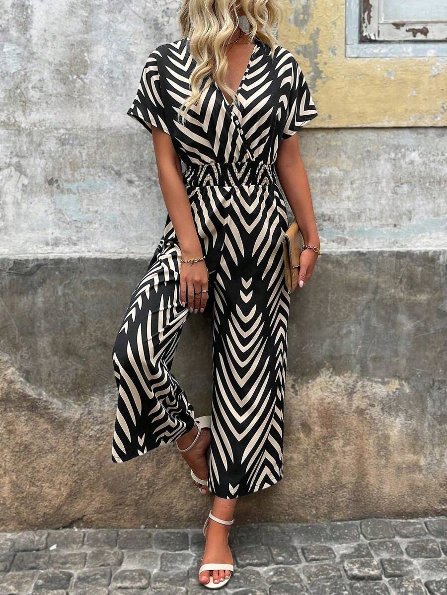 SHEIN LUNE Chevron Print Batwing Sleeve Jumpsuit - Black - View 1