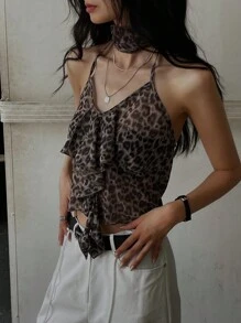 DAZY Leopard Print Ruffle Trim Halter Top