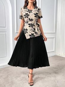 Al Najma Floral Print Knot Side Pleated Hem 2 In 1 Dress - Black - View 8