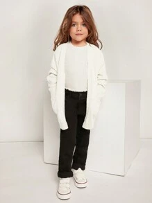 SHEIN Young Girl Solid Drop Shoulder Dual Pocket Duster Cardigan In Fall/Winter - White - View 3