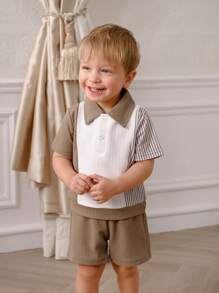 Souflis Souflis Baby Boys' Spring/Summer Casual Color Block Texture Comfortable Top And Shorts Set, Versatile
