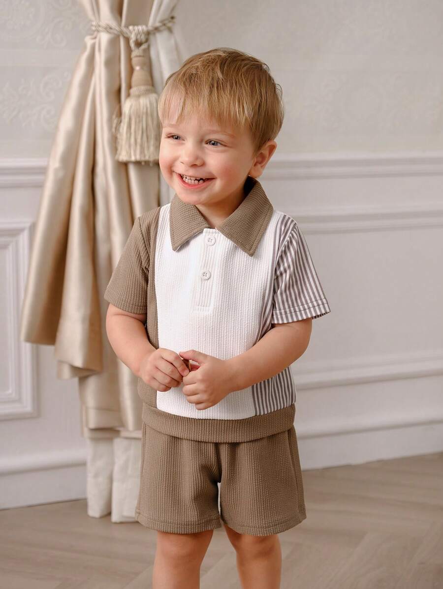 Souflis Souflis Baby Boys' Spring/Summer Casual Color Block Texture Comfortable Top And Shorts Set, Versatile