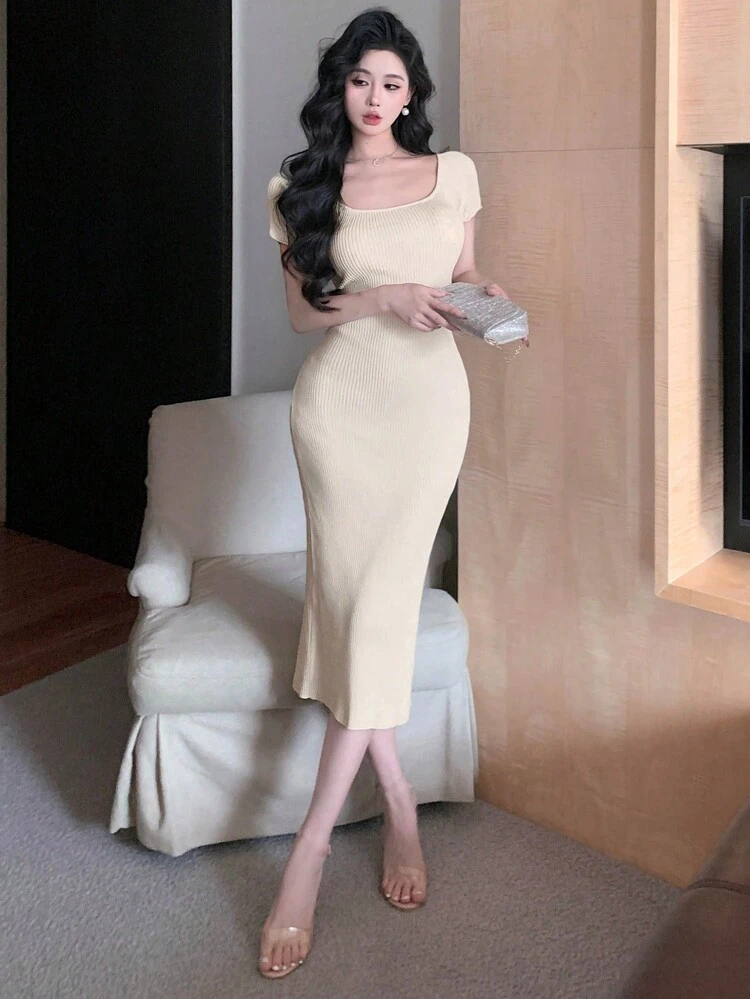 Elegant Solid Color Bodycon Sweater Dress, Perfect For Spring And Summer Prom Dress,Fall Clothes