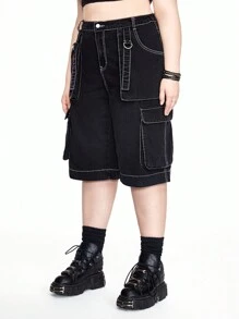 ROMWE Grunge Punk 大码街头朋克风宽松直筒黑色工装牛仔七分裤，男友风休闲百搭 - 黑色 - 查看 3