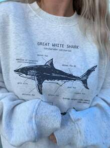 SHEIN EZwear Casual And Simple Shark Printed Flower Grey Round Neck Long Sleeve Loose Oversized Women's Sweatshirt GREAT WHITE SHARK,Long Sleeve Tops Autumn And Winter
