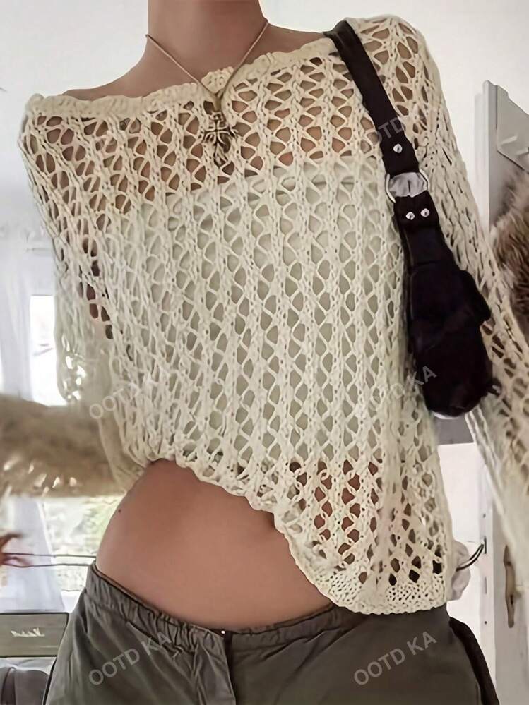 كنزة صوفية فضفاضة كاجوال مفرغة للنساء، بأكمام طويل...