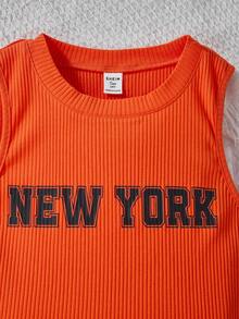 少女無袖圓領字母印花上衣和短褲套裝，日常休閒穿搭 - 橘色 - 查看 6